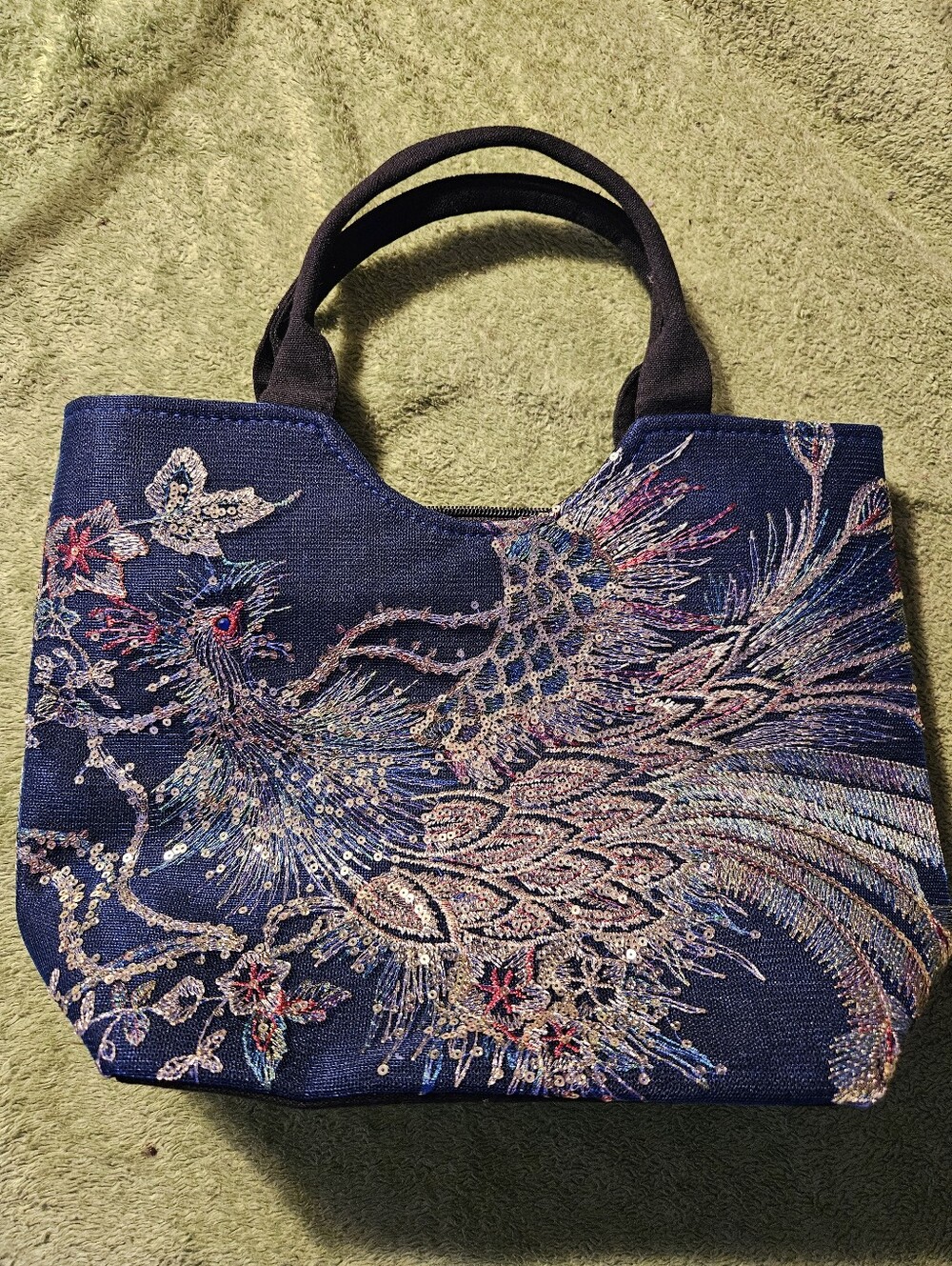 Women's Navy Blue Shiny Peacock Or Phoenix Sequins Embroid Tote Bag NWOT